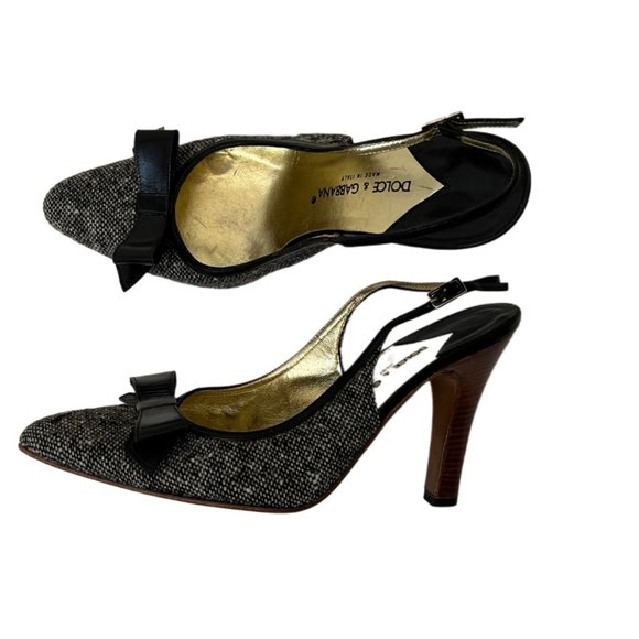 Dolce & Gabbana Black & Gray Tweed Slingback Heels Black Bow Wooden Heels Size 6 - Picture 2 of 13